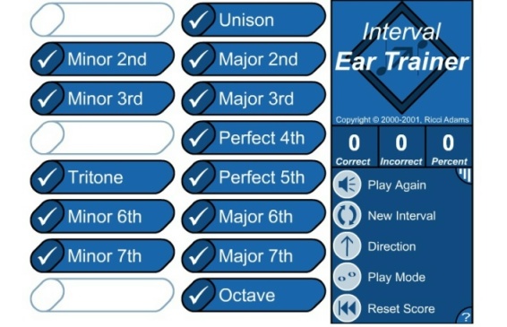 menu "Exercices d'écoute d'intervalles"